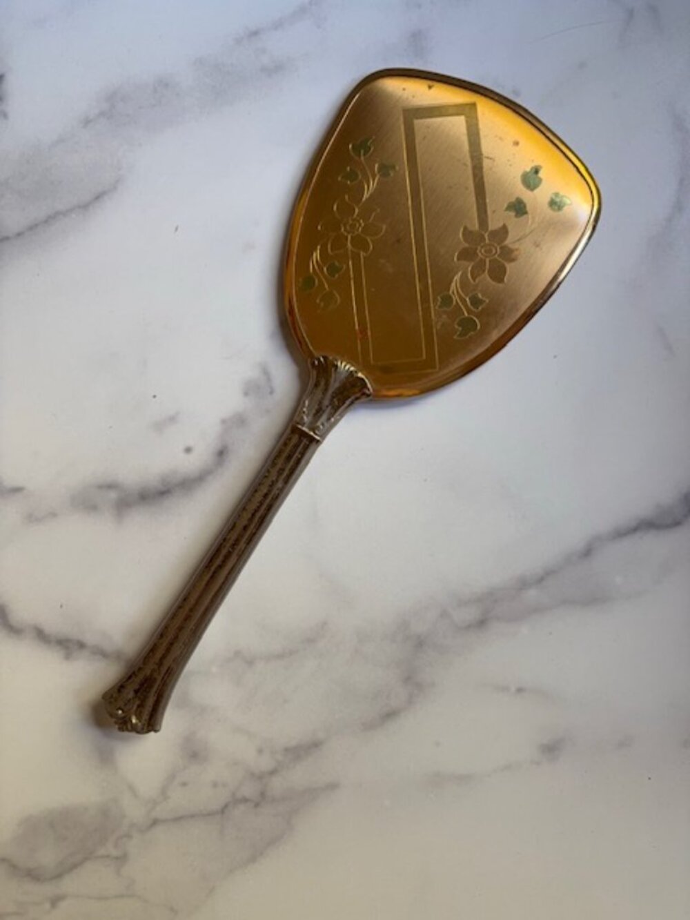 Vintage Mid-Century Metal and Glass Vanity Hand Mirror Floral Pattern